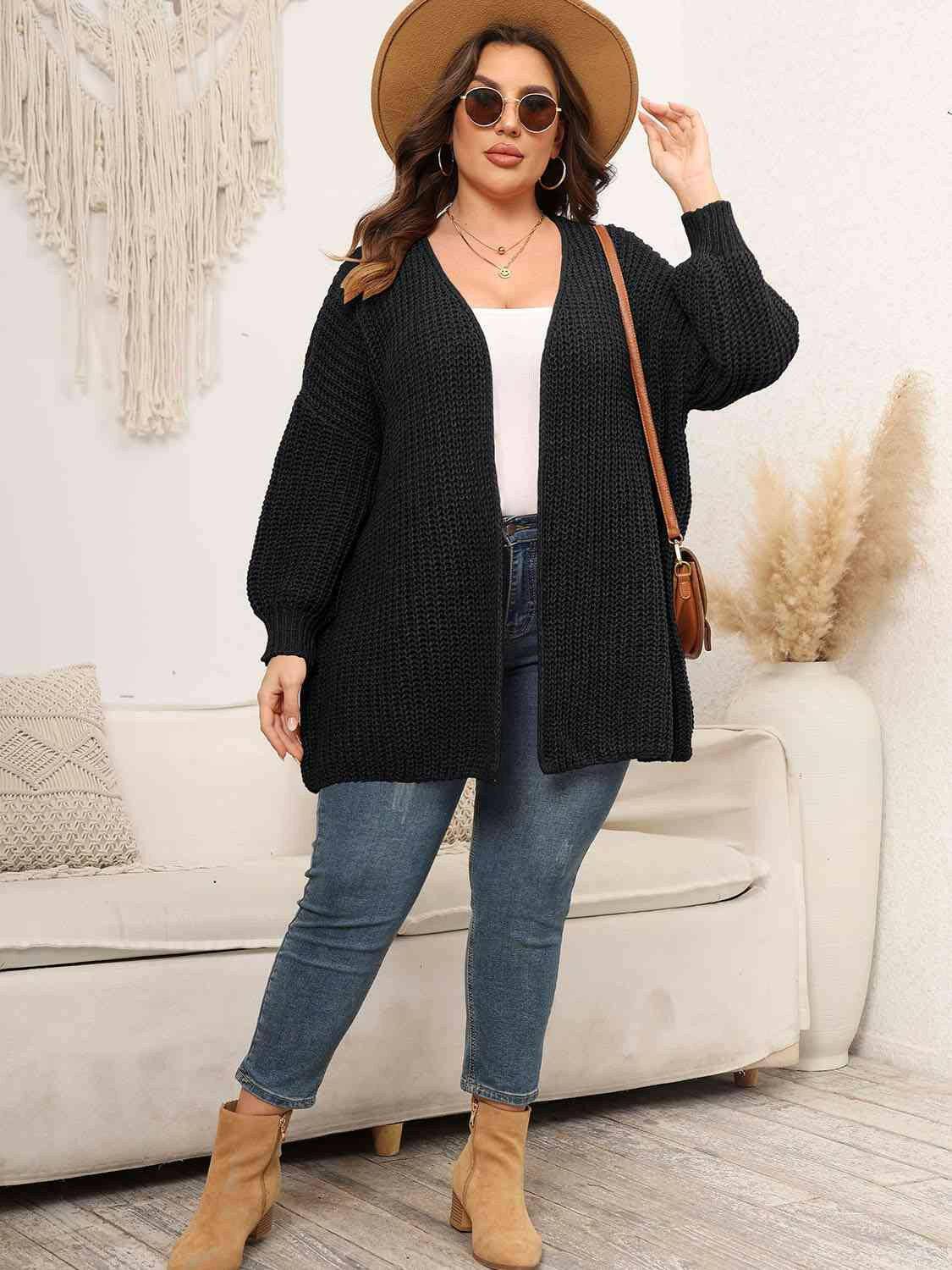 Plus Size Open Front Dropped Shoulder Knit Cardigan - Carri's Cache