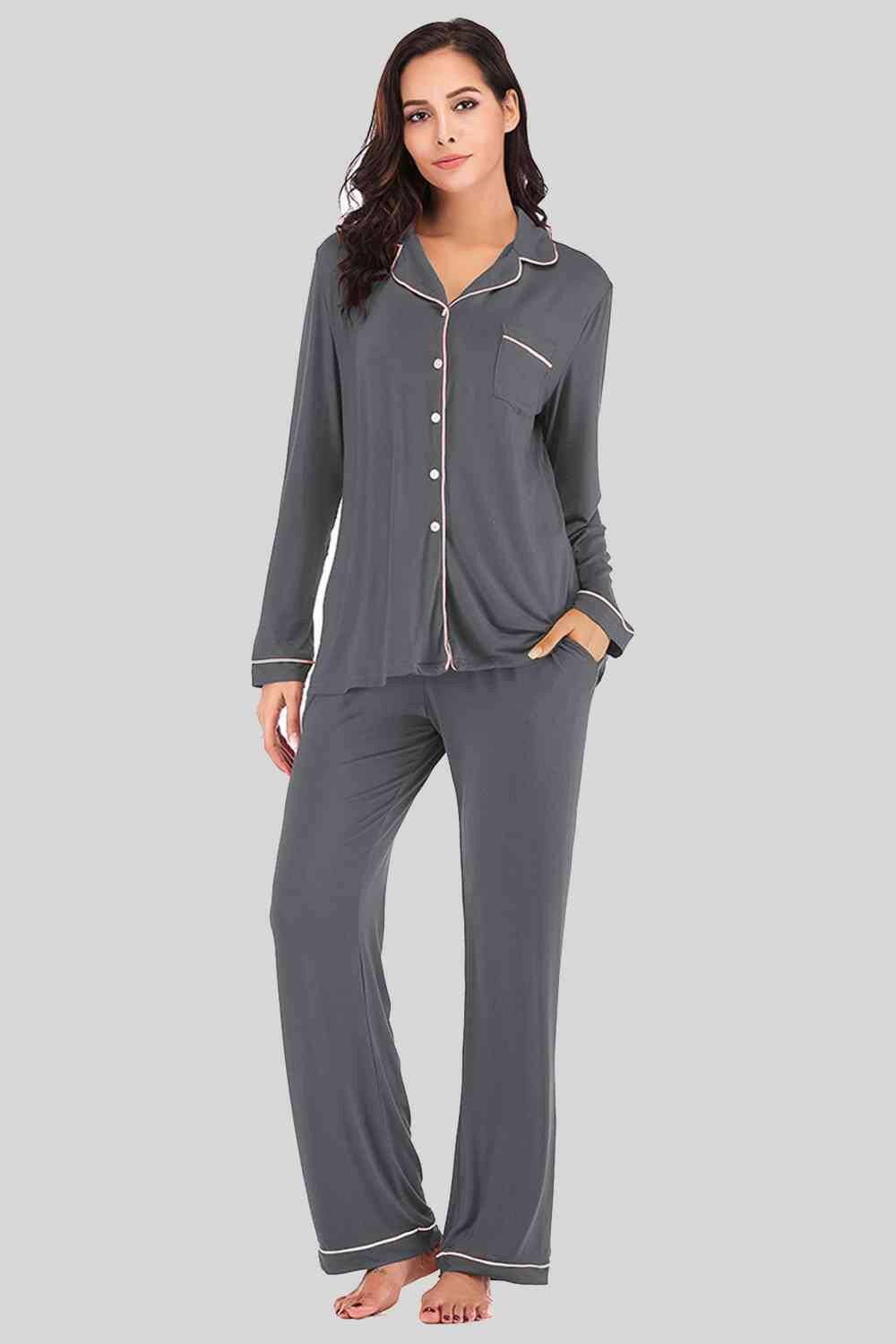 Collared Neck Long Sleeve Loungewear Set with Pockets - Carri's Cache