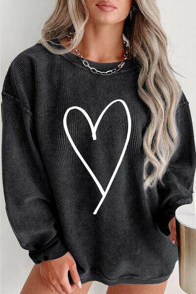 Plus Size Heart Ribbed Round Neck Sweatshirt - Carri's Cache