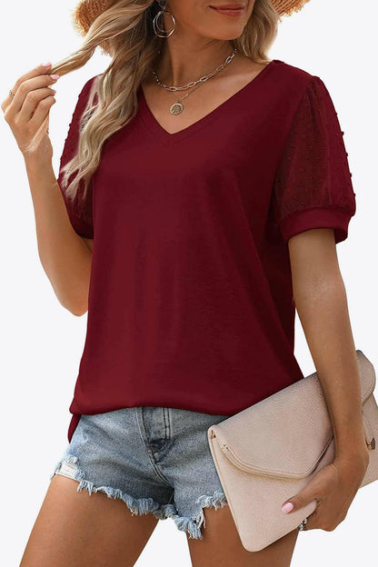 Swiss Dot Puff Sleeve V-Neck Tee - Carri's Cache