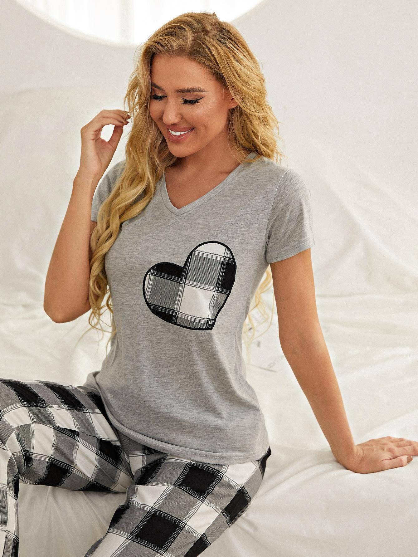 Plaid Heart Tee and Pants Lounge Set with Pockets - Carri's Cache