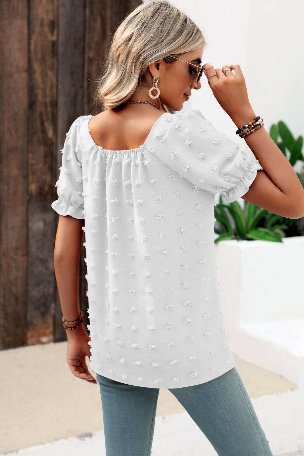 Swiss Dot Puff Sleeve Square Neck Blouse.