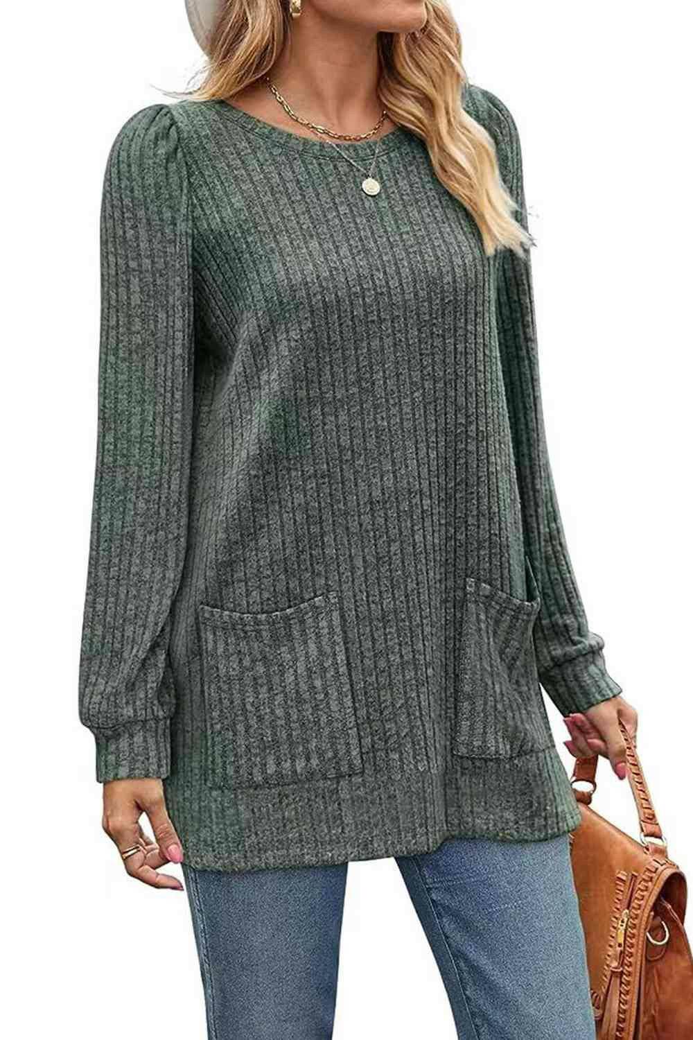 Ribbed Round Neck Long Sleeve T-Shirt - Carri's Cache