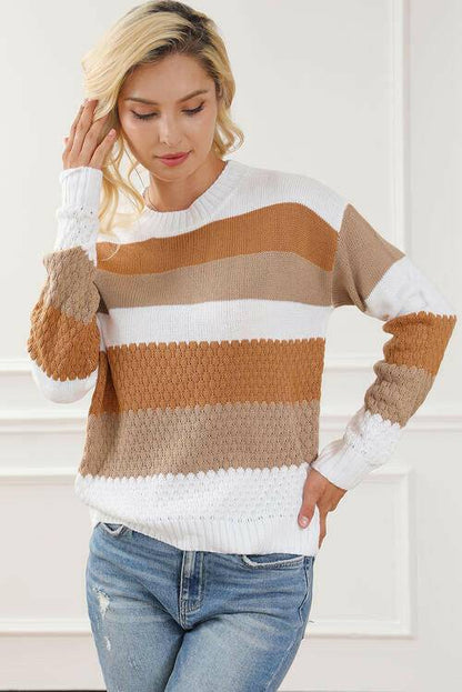 Striped Round Neck Long Sleeve Knit Top - Carri's Cache