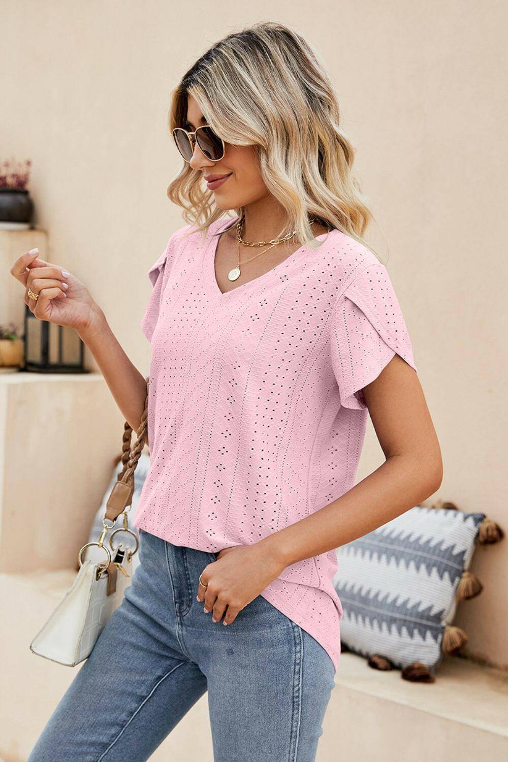 Eyelet Petal Sleeve V-Neck Knit Top.