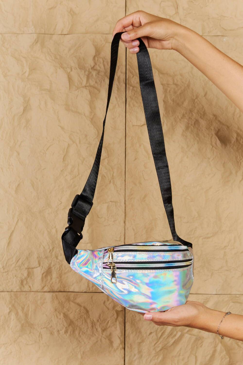 Fame Good Vibrations Holographic Double Zipper Fanny Pack in Silver - Carri's Cache