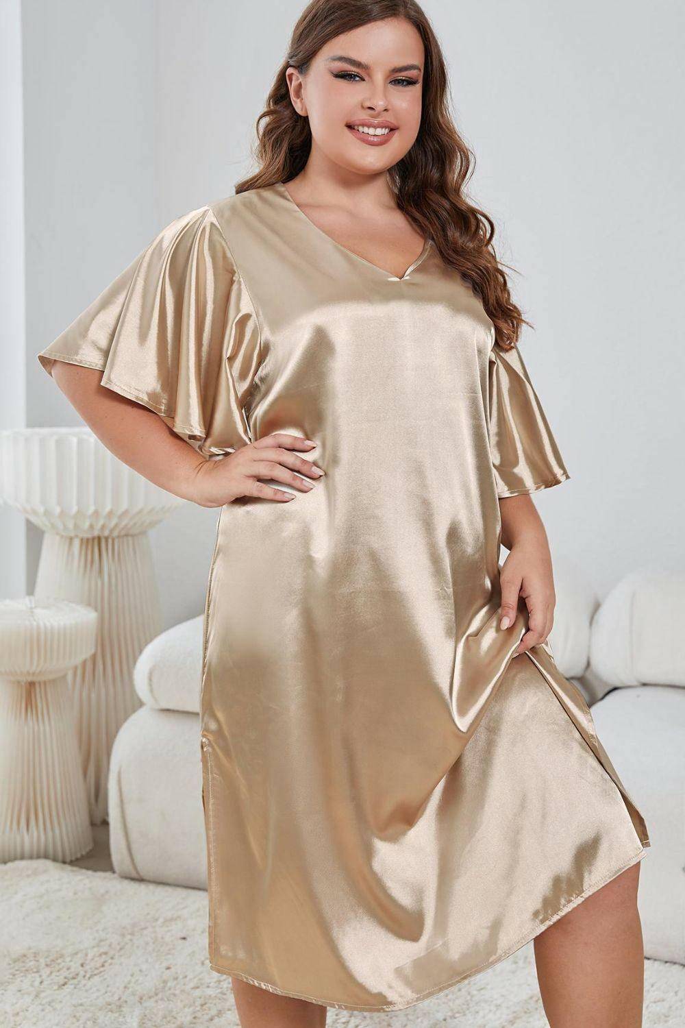 Plus Size Flutter Sleeve V-Neck Side Slit Night Gown - Carri's Cache