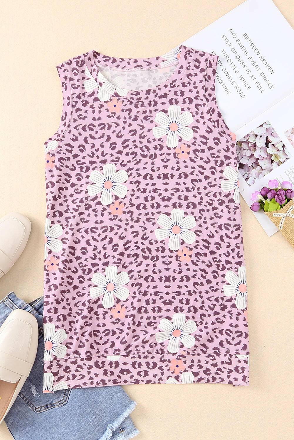 Printed Side Slit Round Neck Tank.