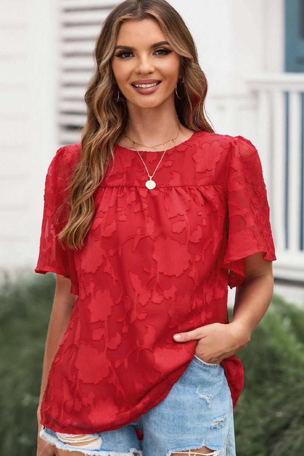 Round Neck Puff Sleeve Blouse - Carri's Cache