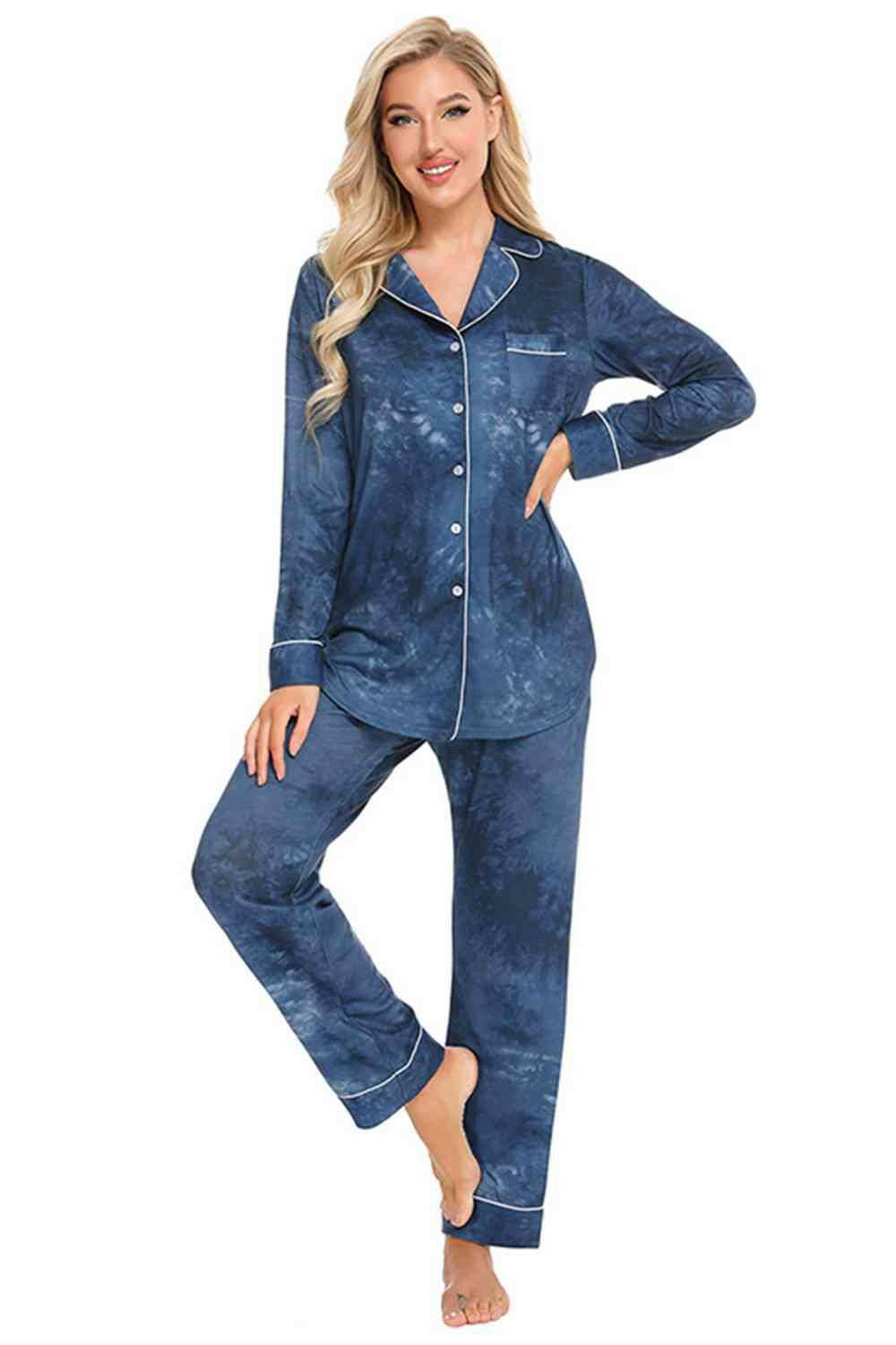 Collared Neck Long Sleeve Loungewear Set with Pockets - Carri's Cache