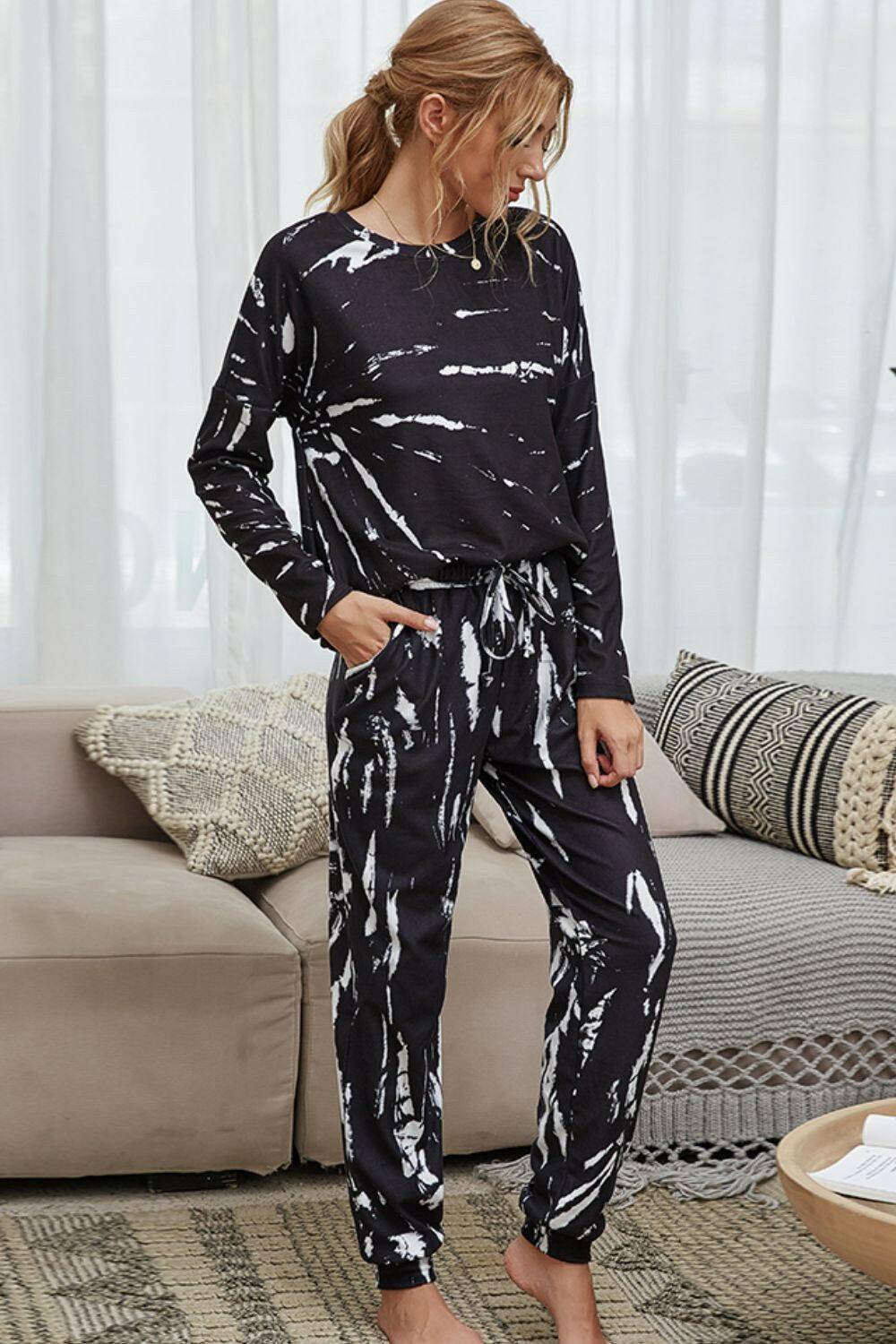 Tie-Dye Round Neck Top and Drawstring Waist Joggers Lounge Set.