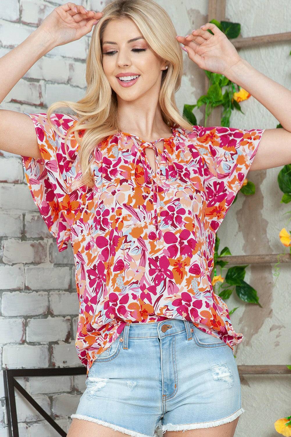 Floral Tie Neck Flutter Sleeve Blouse - Carri's Cache