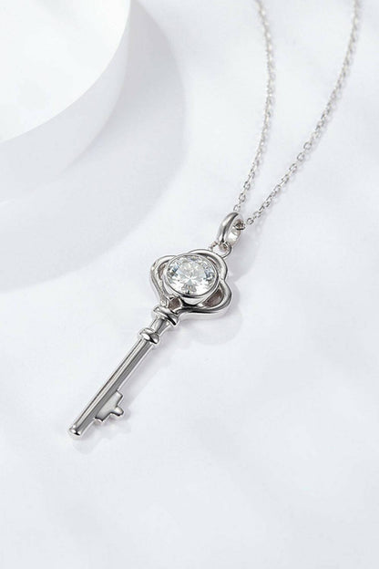 925 Sterling Silver 1 Carat Moissanite Key Pendant Necklace.