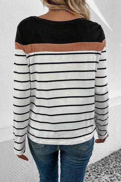 Striped Round Neck Long Sleeve T-Shirt - Carri's Cache