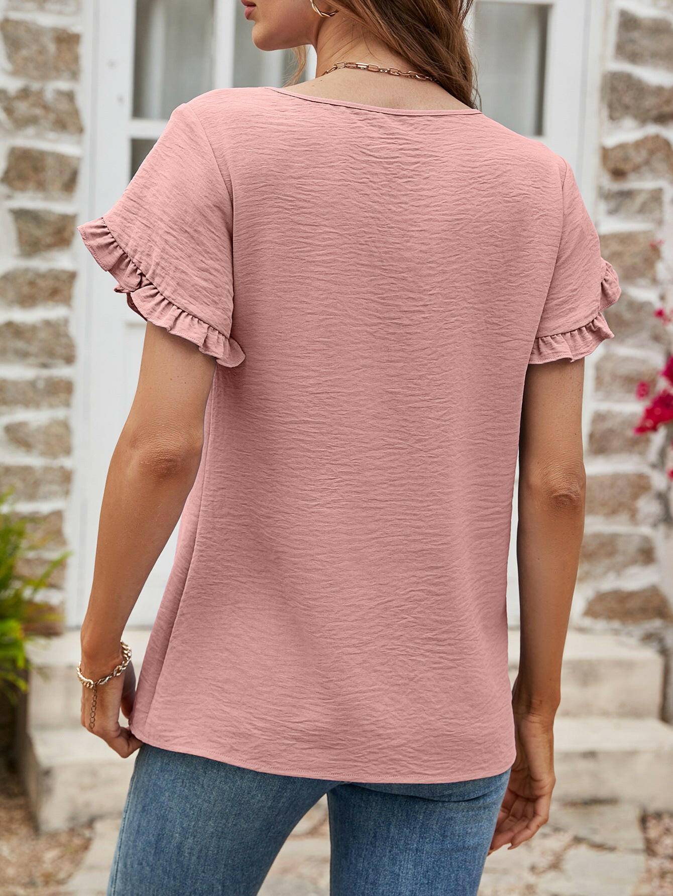 Textured Petal Sleeve Round Neck Tee.