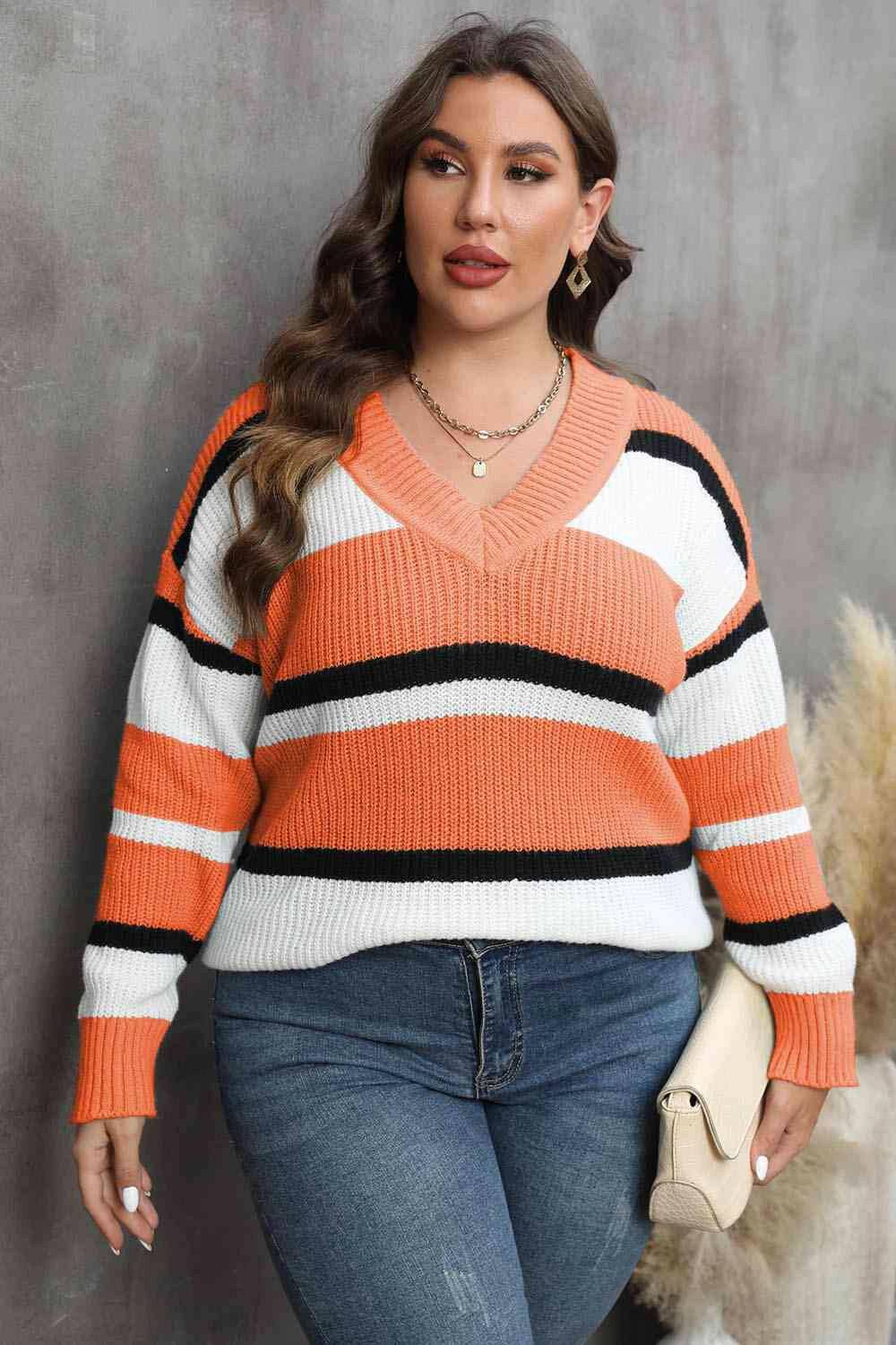 Plus Size Striped V-Neck Dropped Shoulder Sweater - Carri's Cache