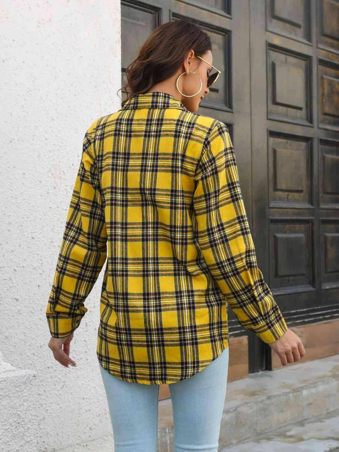 Plaid Collared Neck Buttoned Shirt with Pockets - Carri's Cache