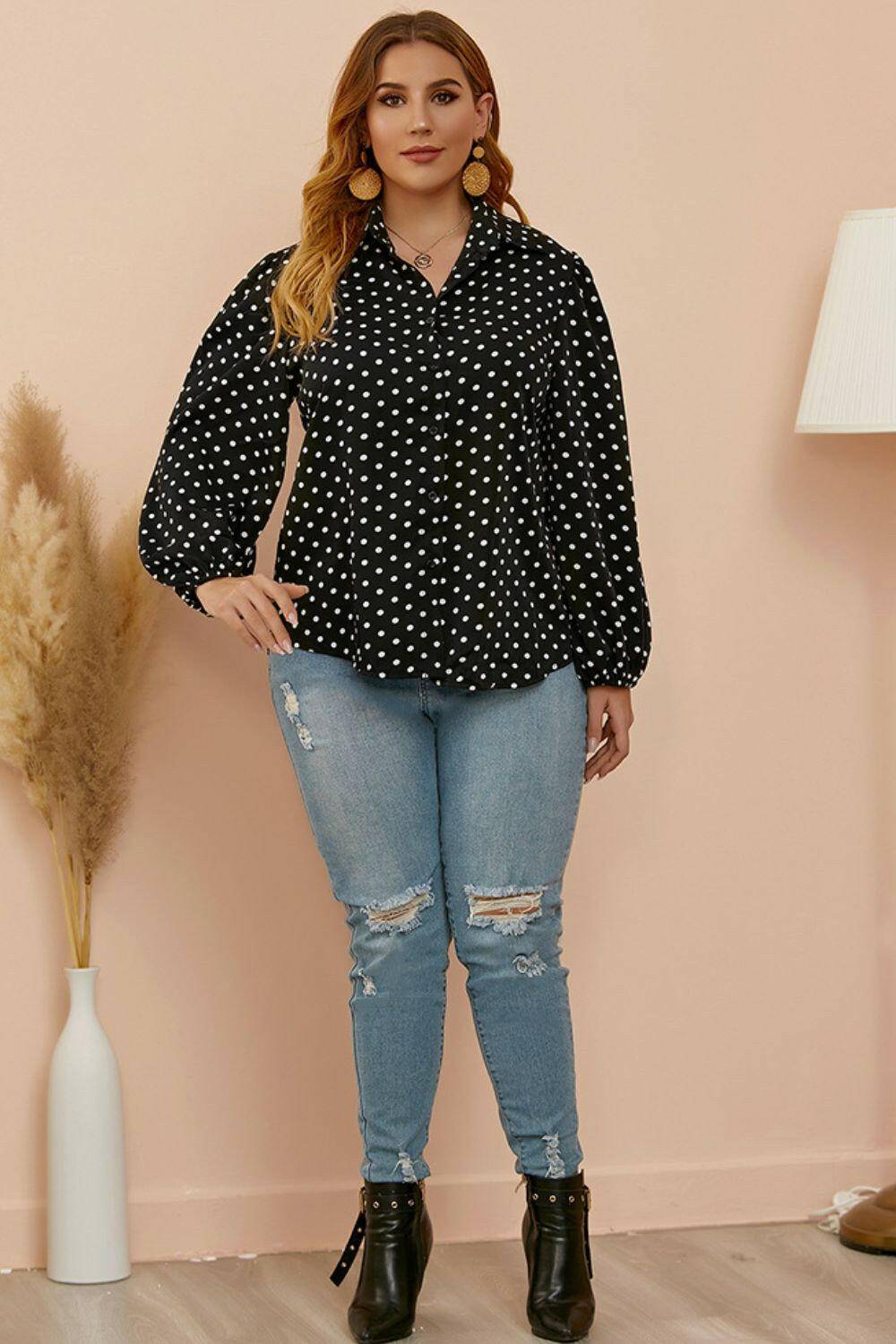 Plus Size Polka Dot Balloon Sleeve Shirt.