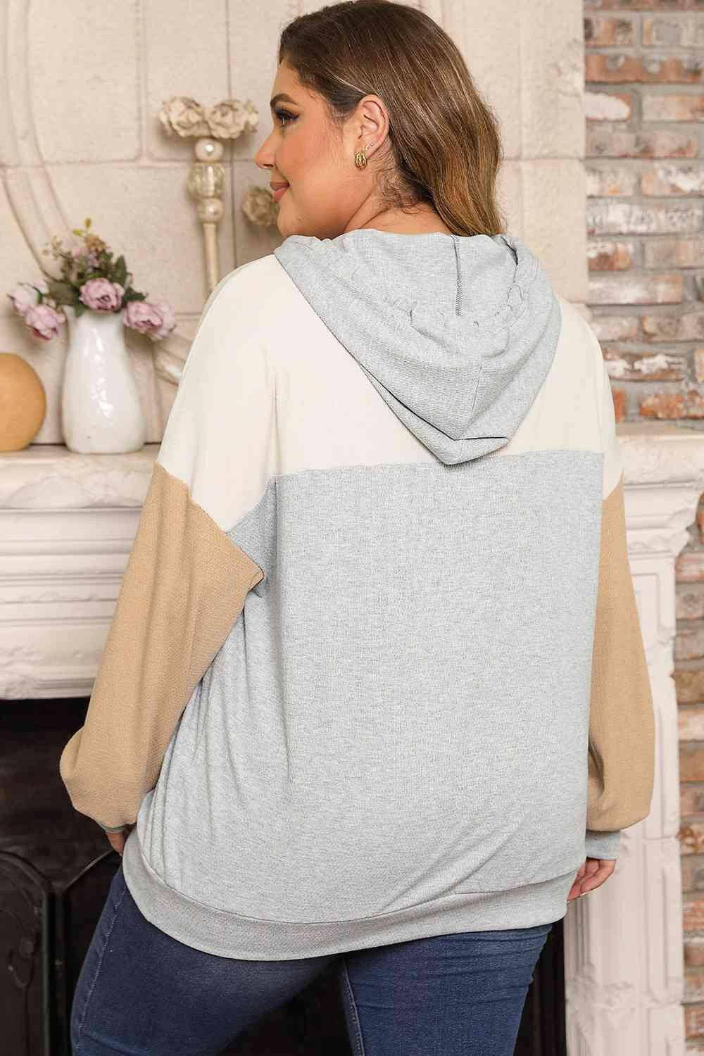 Plus Size Color Block Drawstring Long Sleeve Hoodie - Carri's Cache