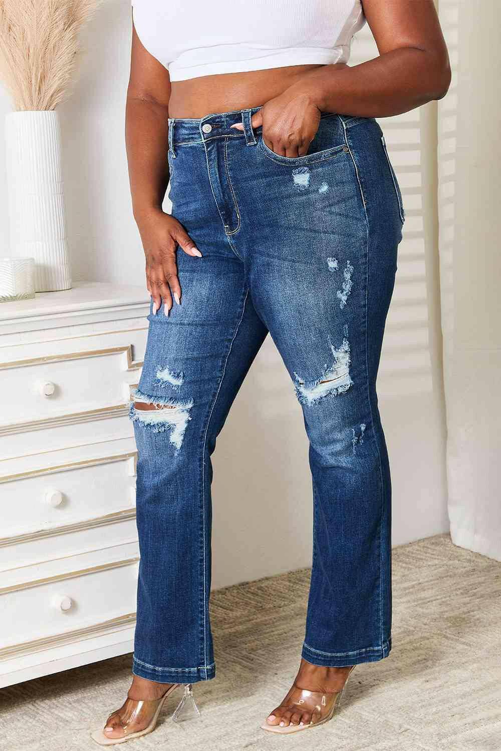 Judy Blue Full Size Mid Rise Hand Sand & Destroy Bootcut Jeans - Carri's Cache