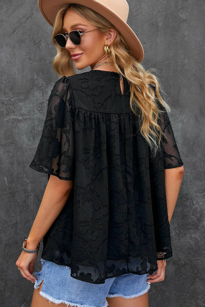 Round Neck Puff Sleeve Blouse - Carri's Cache