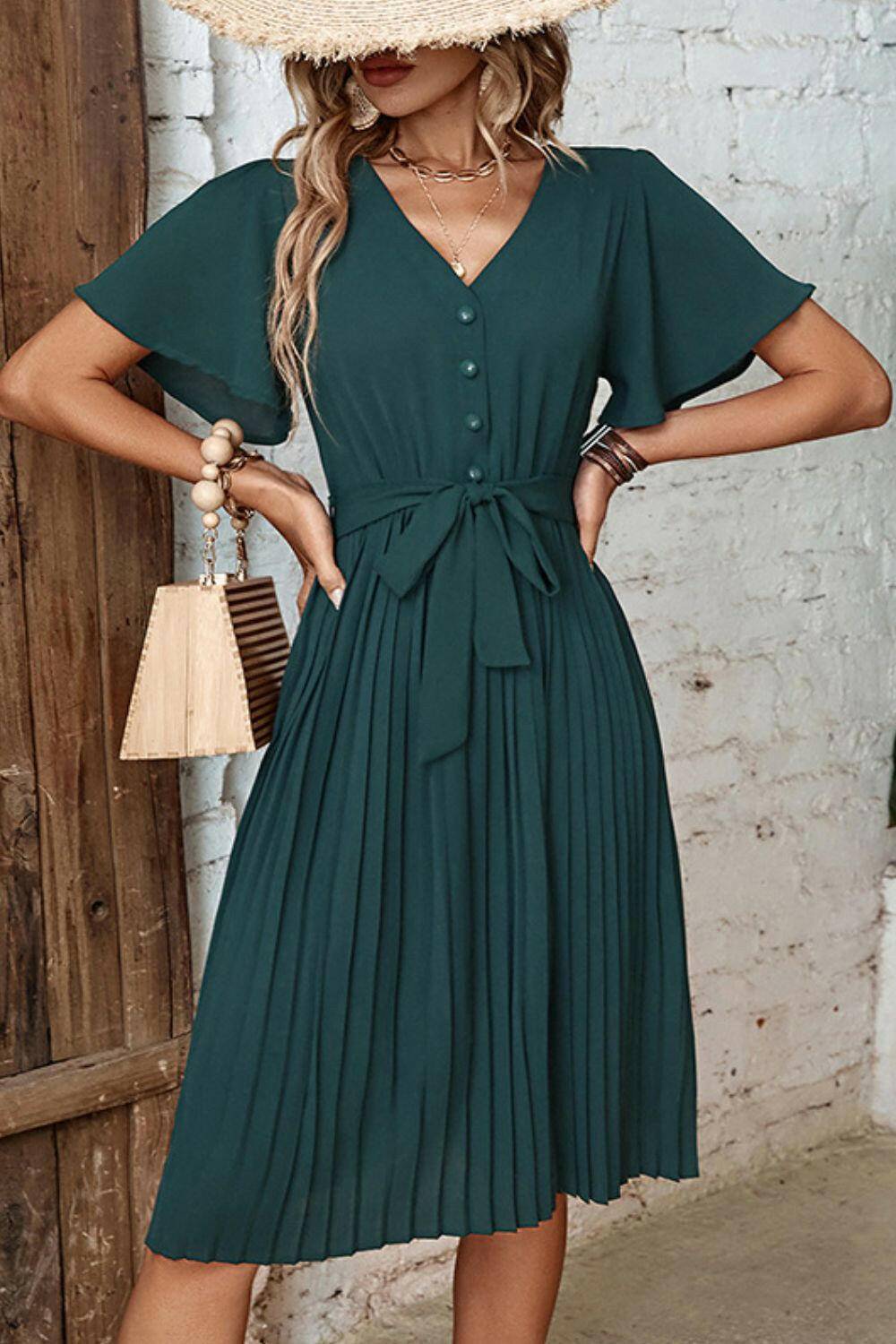 Buttoned V-Neck Flutter Sleeve Pleated Dress.