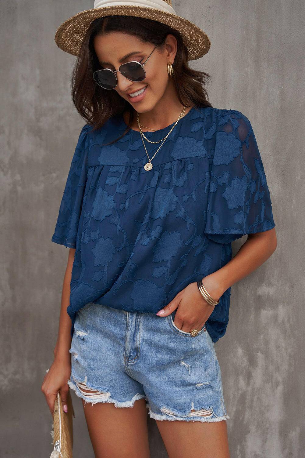 Round Neck Puff Sleeve Blouse - Carri's Cache