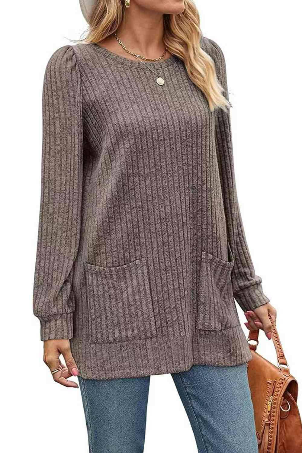 Ribbed Round Neck Long Sleeve T-Shirt - Carri's Cache