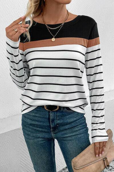 Striped Round Neck Long Sleeve T-Shirt - Carri's Cache