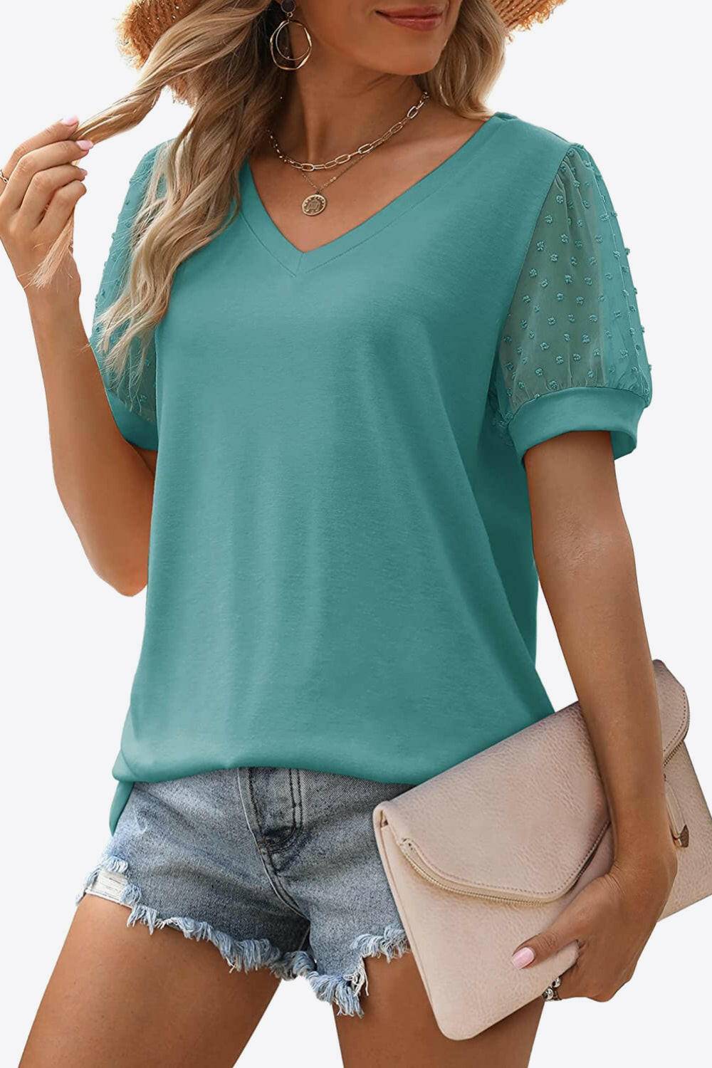 Swiss Dot Puff Sleeve V-Neck Tee - Carri's Cache