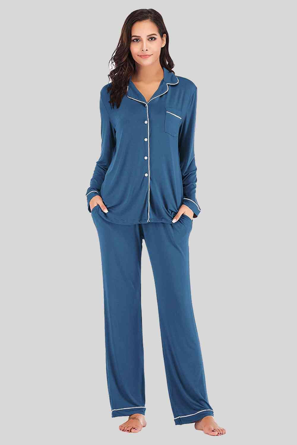 Collared Neck Long Sleeve Loungewear Set with Pockets - Carri's Cache