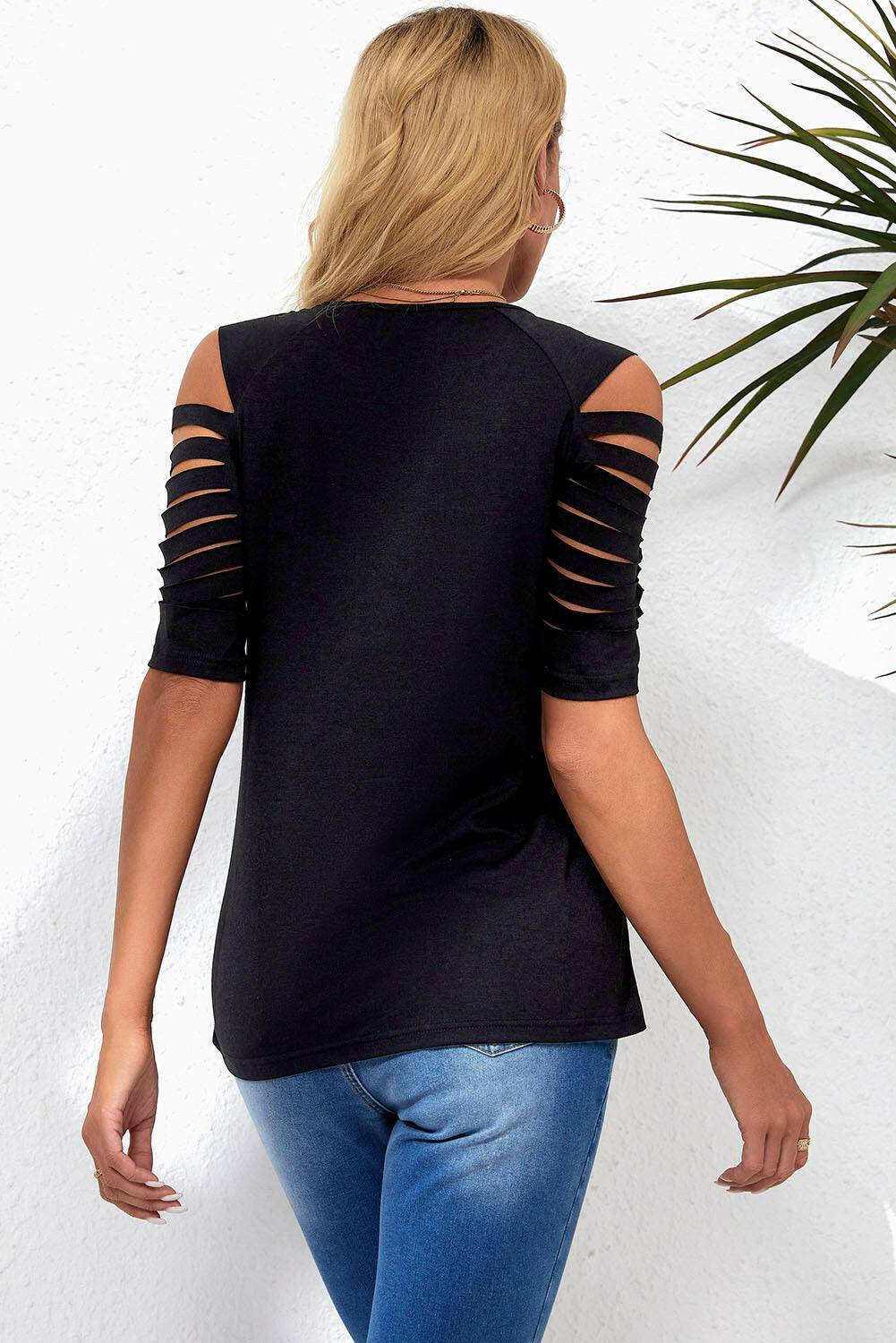 Round Neck Cutout Raglan Sleeve Tee - Carri's Cache