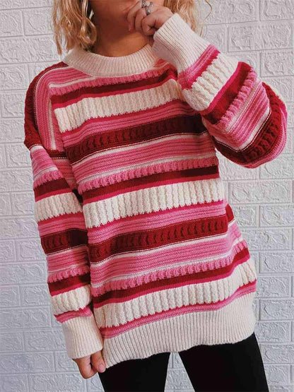 Striped Drop Shoulder Round Neck Sweater - Carri's Cache