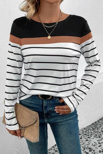 Striped Round Neck Long Sleeve T-Shirt - Carri's Cache