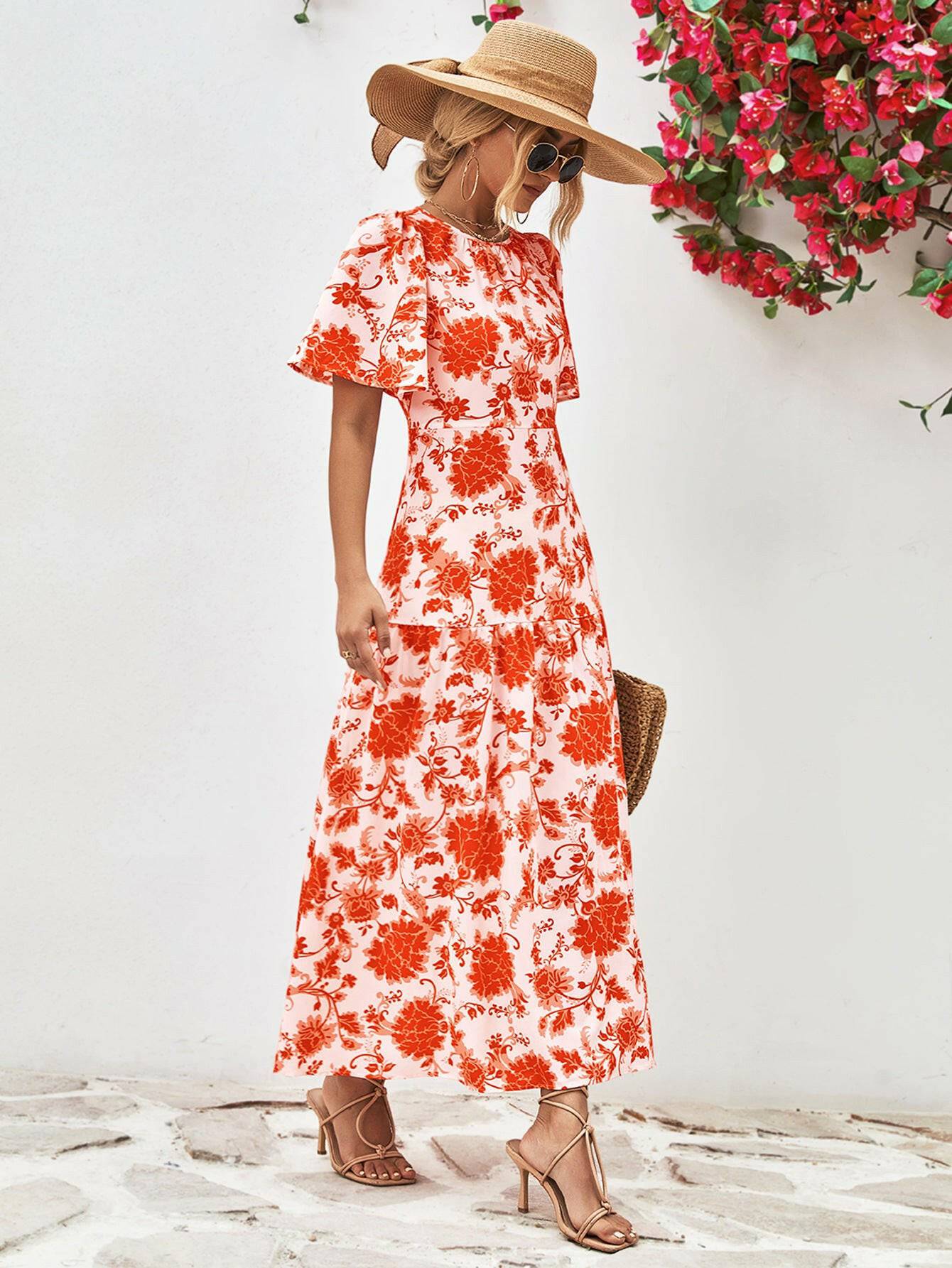 Floral Round Neck Tied Open Back Dress - Carri's Cache