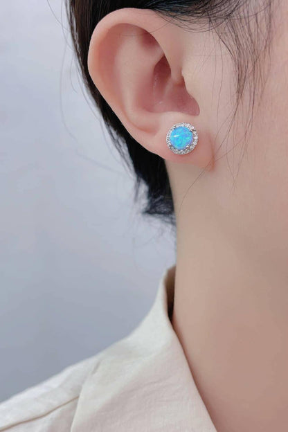 925 Sterling Silver Platinum-Plated Opal Round Stud Earrings.