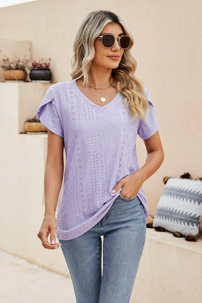 Eyelet Petal Sleeve V-Neck Knit Top.