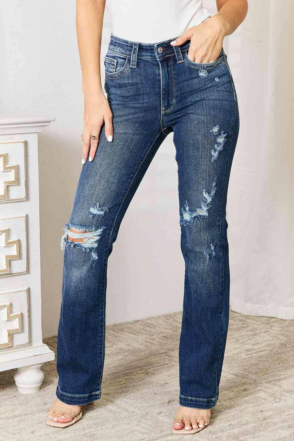 Judy Blue Full Size Mid Rise Hand Sand & Destroy Bootcut Jeans - Carri's Cache