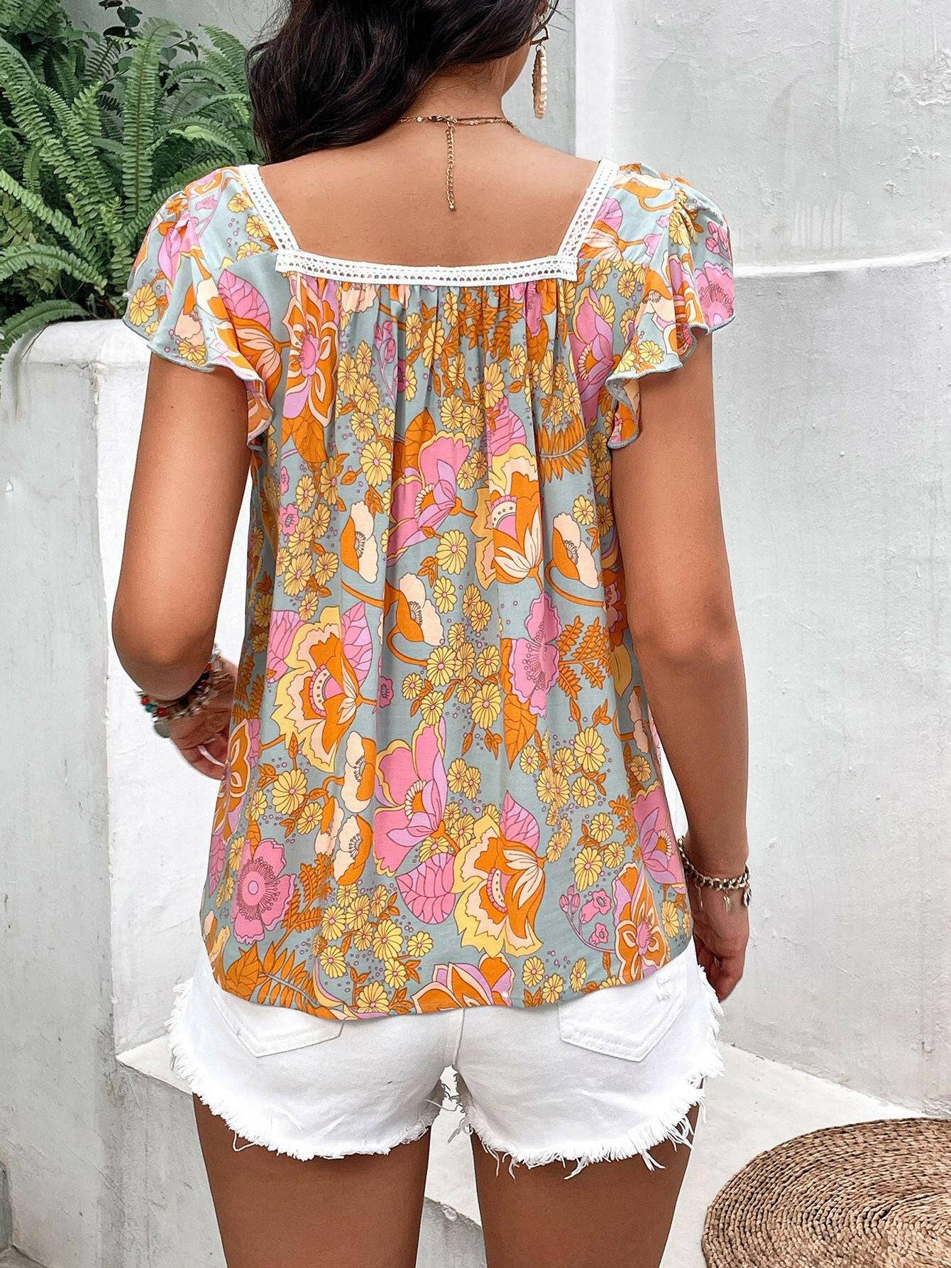 Floral Square Neck Flutter Sleeve Blouse - Carri's Cache