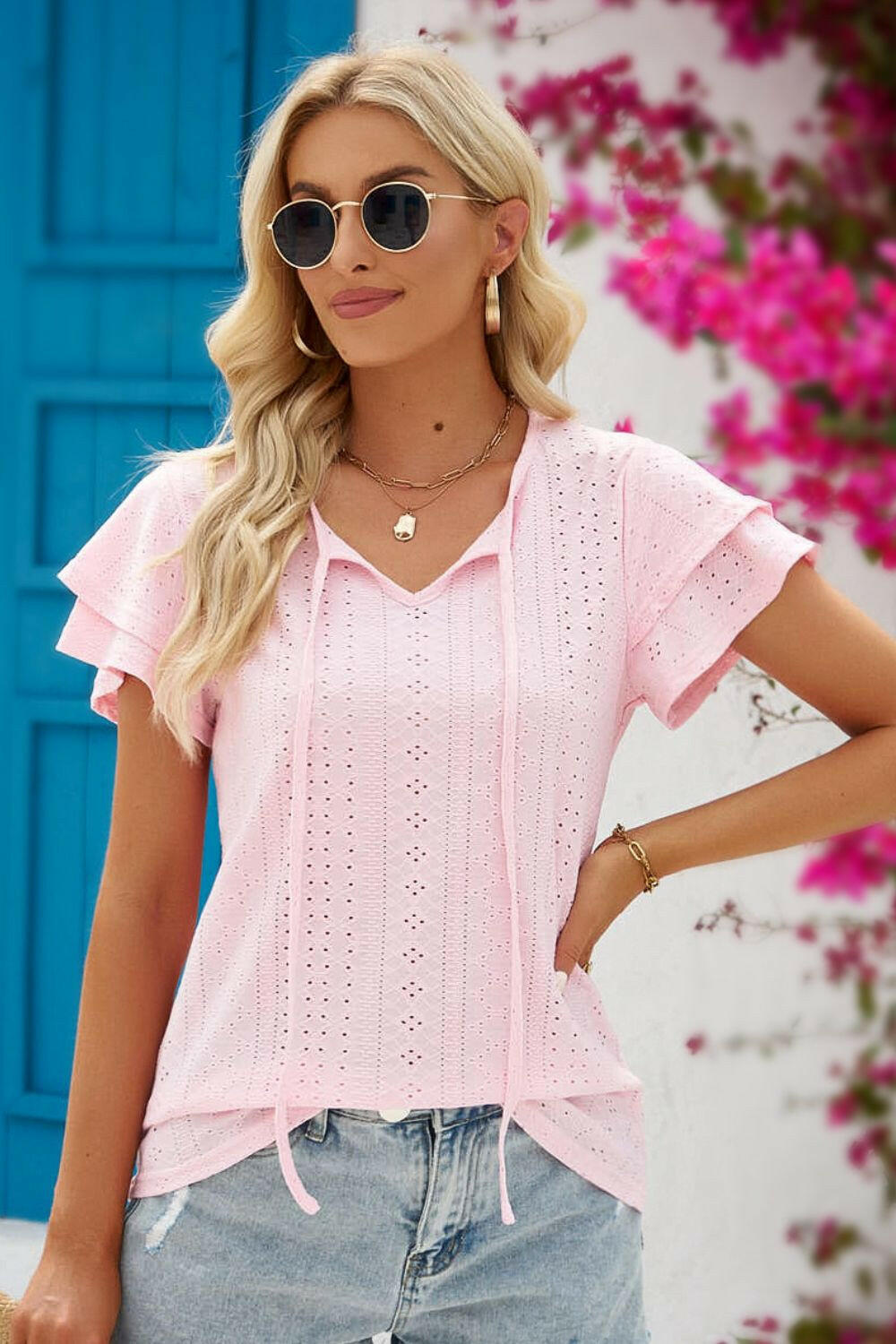 Eyelet Tie-Neck Flutter Sleeve Blouse.