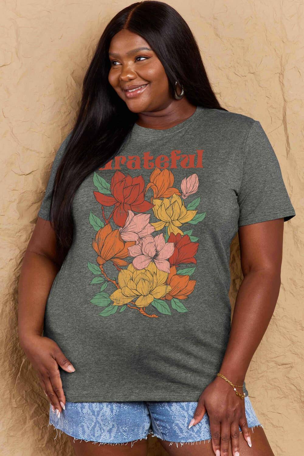 Simply Love Full Size GRATEFUL Flower Graphic Cotton T-Shirt - Carri's Cache