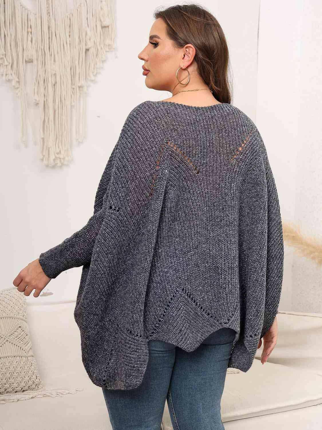 Plus Size Round Neck Batwing Sleeve Sweater - Carri's Cache