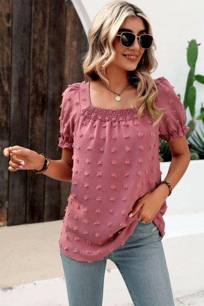 Swiss Dot Puff Sleeve Square Neck Blouse.