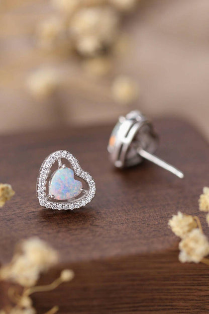 925 Sterling Silver Opal Heart Stud Earrings.