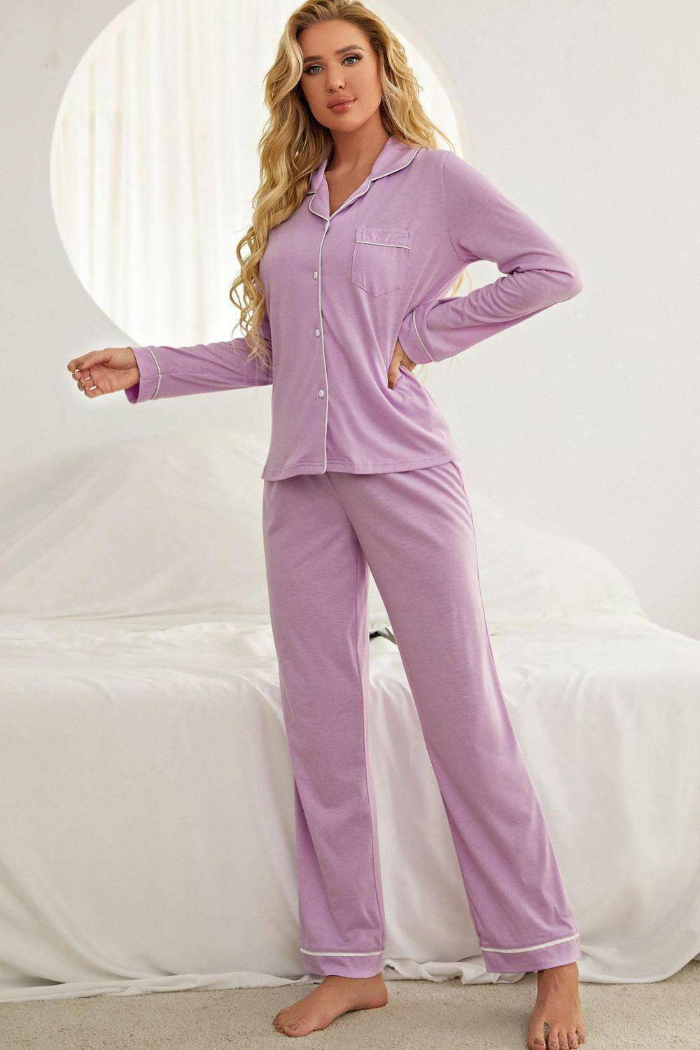 Contrast Piping Button Down Top and Pants Loungewear Set - Carri's Cache