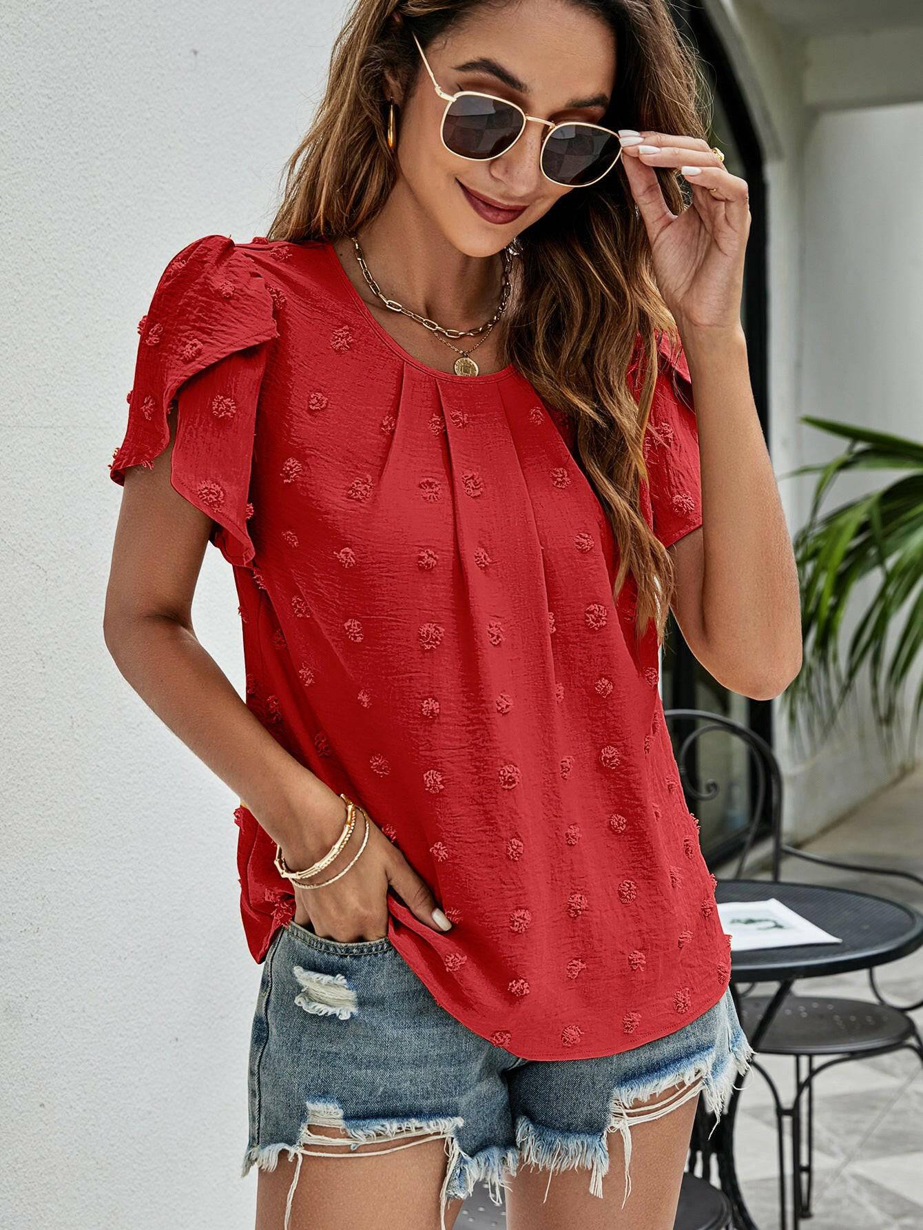 Swiss Dot Round Neck Petal Sleeve Top.