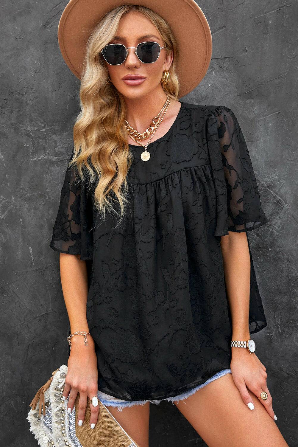 Round Neck Puff Sleeve Blouse - Carri's Cache