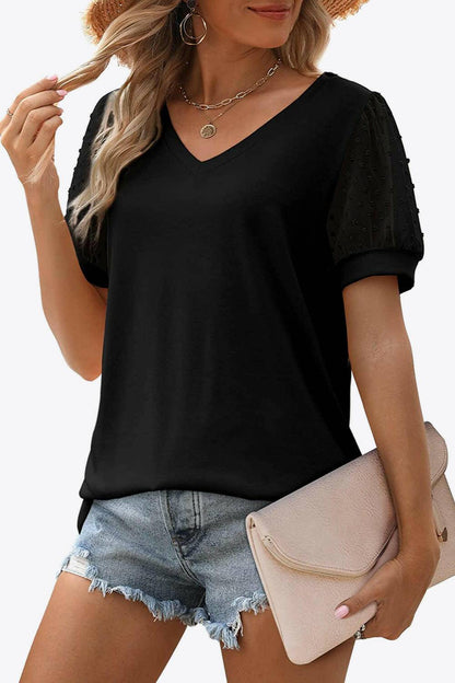 Swiss Dot Puff Sleeve V-Neck Tee - Carri's Cache