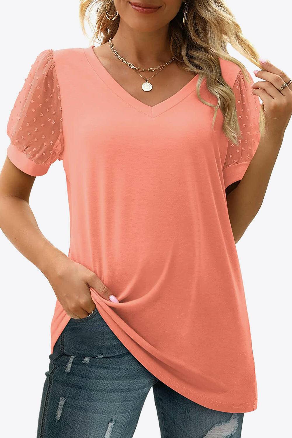 Swiss Dot Puff Sleeve V-Neck Tee - Carri's Cache