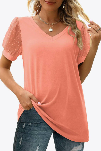 Swiss Dot Puff Sleeve V-Neck Tee - Carri's Cache